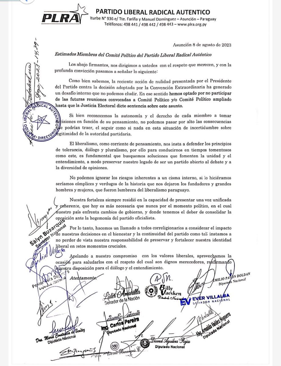 El comunicado en defensa de la institucionalidad es acompañado por Diputados, Senadores y autoridades del PLRA. Será compartido y puesto a consideración en cada comité de la República. ¡El PLRA ni se vende ni se alquila!