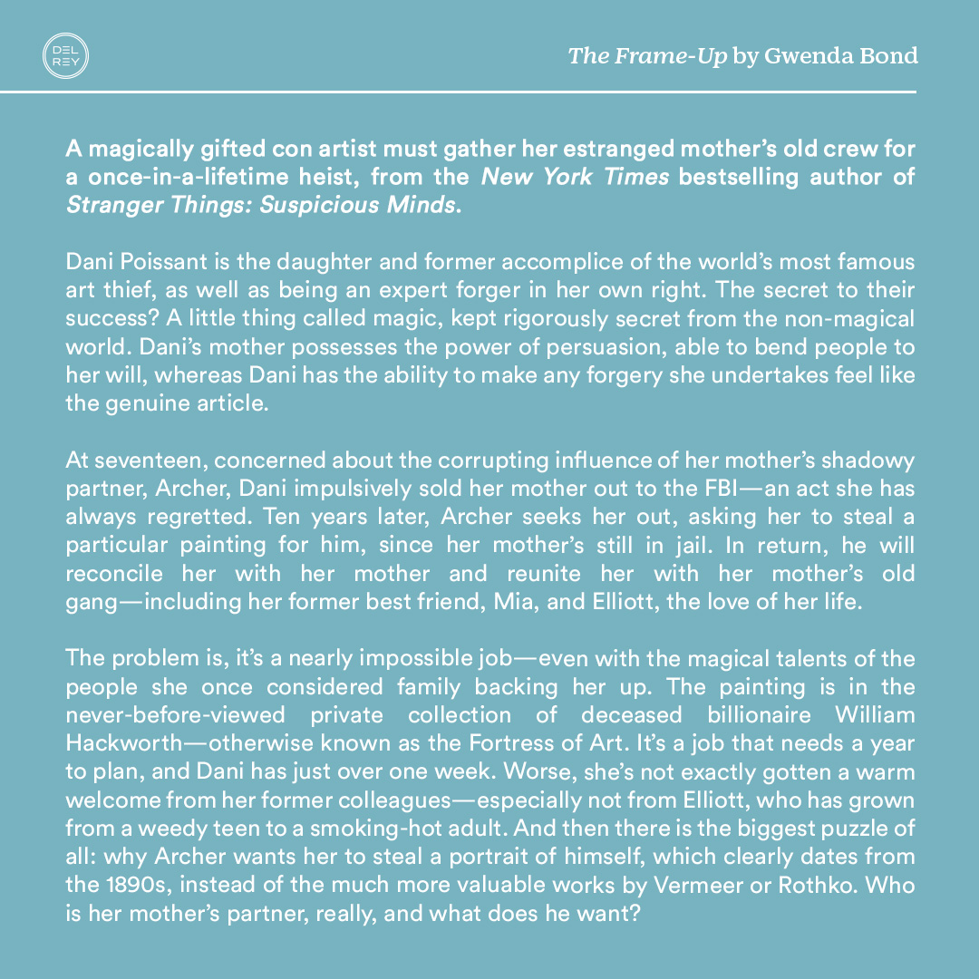 🖼 COVER REVEAL 🖼 We're so excited to finally share the cover of THE FRAME-UP, <a href="/Gwenda/">Gwenda Bond 🖼️The Frame-Up🖼️ out now</a>'s magical, romantic, and clever heist novel coming February 13! You can preorder your copy here: penguinrandomhouse.com/books/713370/t…

Jacket illustration: Jill De Haan
Jacket design: <a href="/reginaflath/">Regina Flath</a>