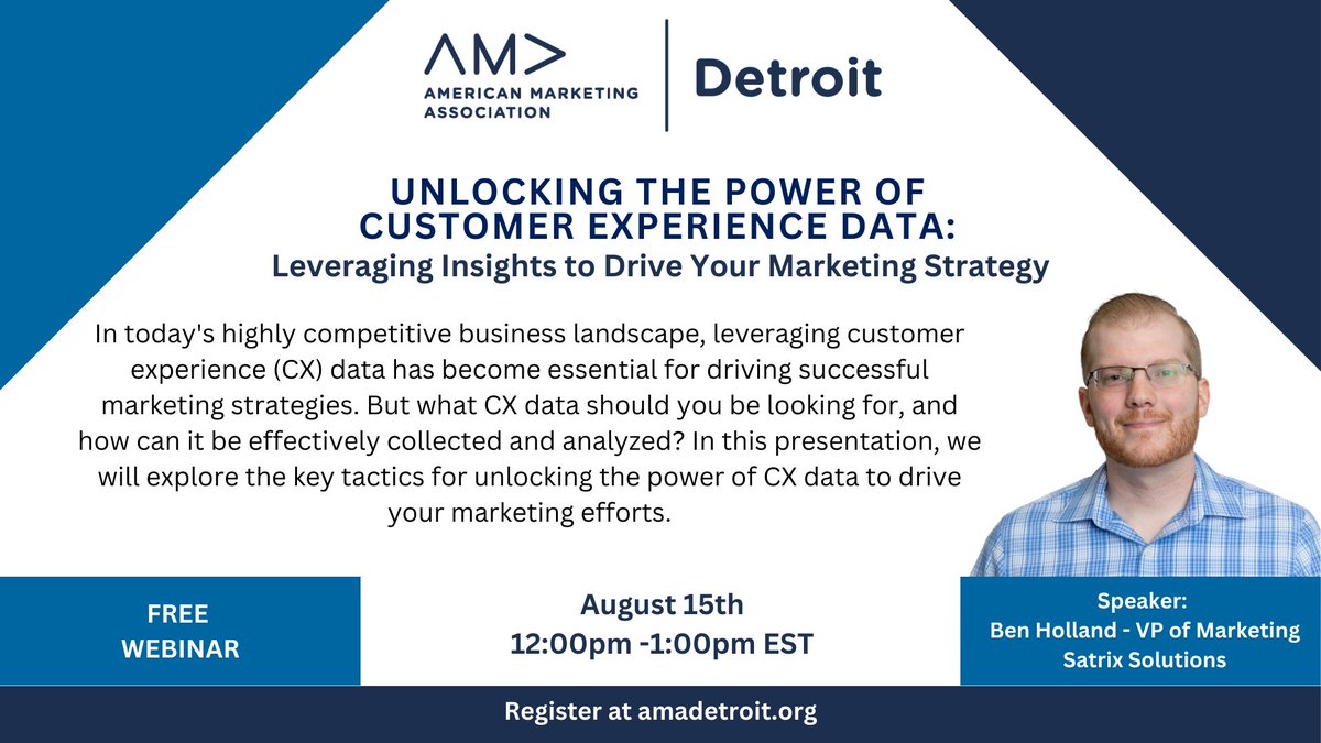 Looking for a free event?! Join us on 8/15 at 12pm EST for a free webinar on using customer experience data📈. Learn more and register at amadetroit.org/events/upcomin…  #MarketingDigital #MarketingExperts