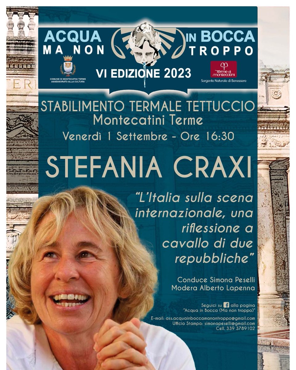 @intoscana @turistipercaso @VisitTuscany @VisitTuscanyITA @Naz_Montecatini @lcmontecatini @Montecatini_T #talkshow #acquainboccamanontroppo #settembre @stefaniacraxi #politica #termedimontecatini @AnsaToscana @Adnkronos @tvlibera @ilturista_info @CorriereCultura