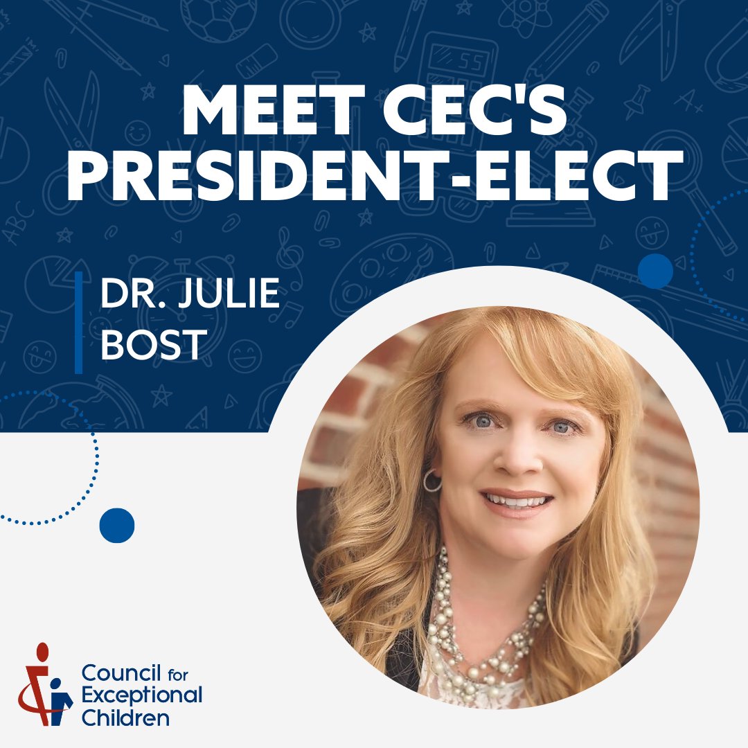 CECMembership's tweet photo. We are pleased to announce Dr. Julie Irene Bost has been named 2024 CEC President-Elect. Dr. Bost will oversee CEC’s committees and Board of Directors and provide critical leadership on the organization’s planning and programs. 

https://t.co/vECKIZjRBw https://t.co/1bkqq0GKTO
