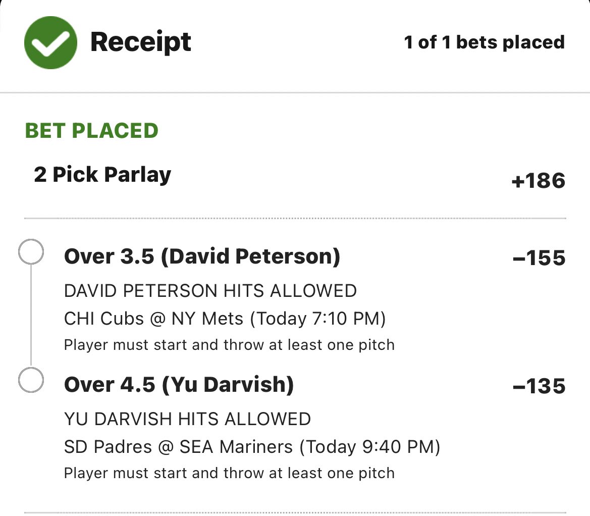 BDE__BETS's tweet photo. PARLAY PLAY💥

D Peterson - Over 3.5 HA
Y Darvish - Over 4.5 HA

Combined = +186 🤑

#MLB #MLBB #MLBPicks #MLBTwitter #mlbtwt #cyanboujee #JailerFDFS #JailerFromTomorrow #LoveMeAgainbyV #MauiFires #vunzigewoensdag #Lukaku #Enzo #Marseille #MyCaptain #NextStartsHere #SeaUsRise https://t.co/ZYLMRGJvEW