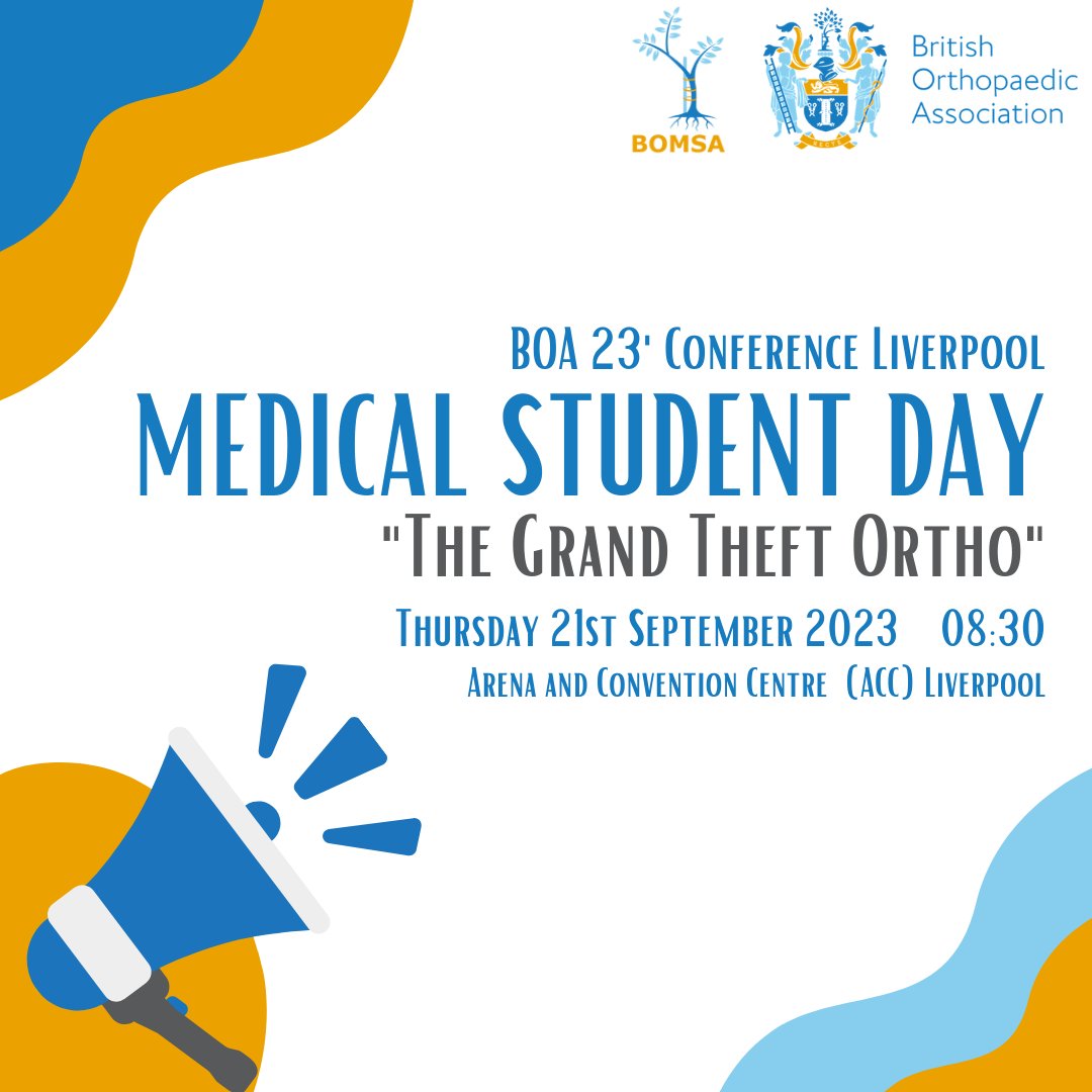BOMSA_UK's tweet photo. ‼️The Grand Theft Ortho‼️

Find out more about the Medical Student Day held at the BOA 2023 Conference, designed to offer guidance and motivation into orthopaedic surgery, and provide uniquely interactive sessions.

✅To register follow the link tree in our bio!

@BritOrthopaed https://t.co/JbWjGZMCZR