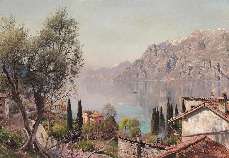 Peder Mørk Mønsted 1859-1941
Danish painter
View of Torbole on Lake Garda Italy - 1908
Oil on canvas - 70 x 100 cm