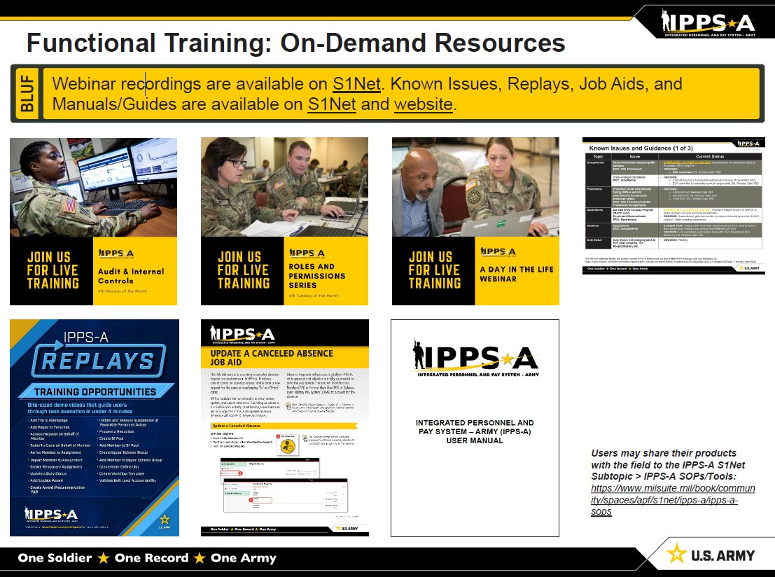 IPPSArmy's tweet photo. Don't miss out on all the training resources available! Recordings of webinars are available on S1Net for viewing anytime. #IPPSATraining
Link to slides on FB Group: https://t.co/7VKA10EYDs https://t.co/FJIV27BMRU