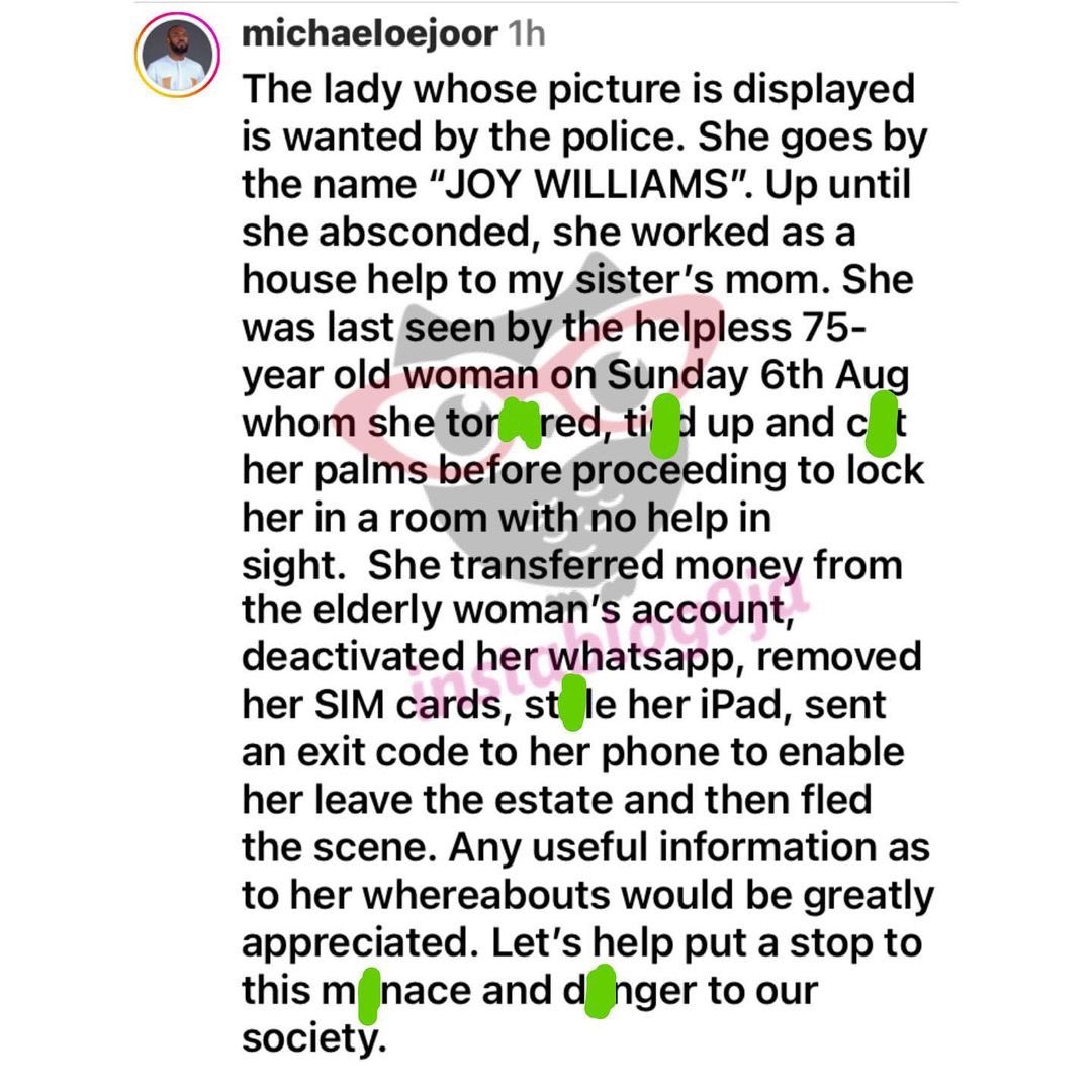 instablog9ja's tweet photo. Househelp declared wanted for allegedly tort¥ring and st£aling from her 75-yr-old boss https://t.co/m6Jo6r7fLK