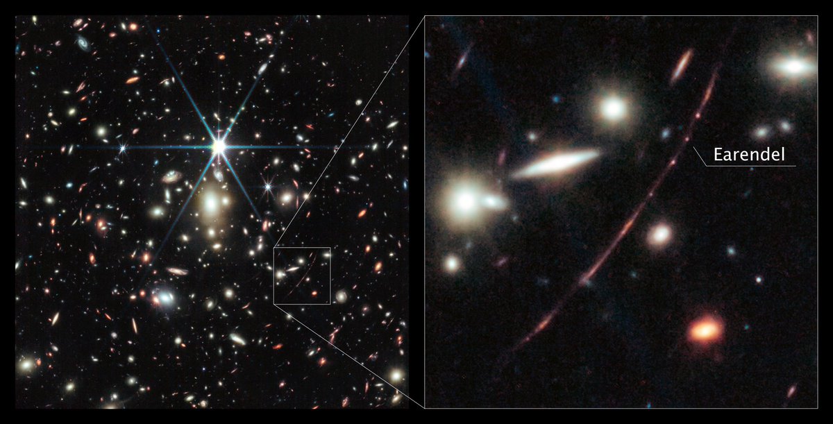 NASA_Marshall's tweet photo. This image from @NASAWebb shows a massive galaxy cluster that contains the most distant star ever detected. The star, nicknamed Earendel, is more than twice as hot as our Sun and about a million times more luminous.

LEARN MORE >> https://t.co/aWyHlWpMTM https://t.co/xlZ5l8ESR9