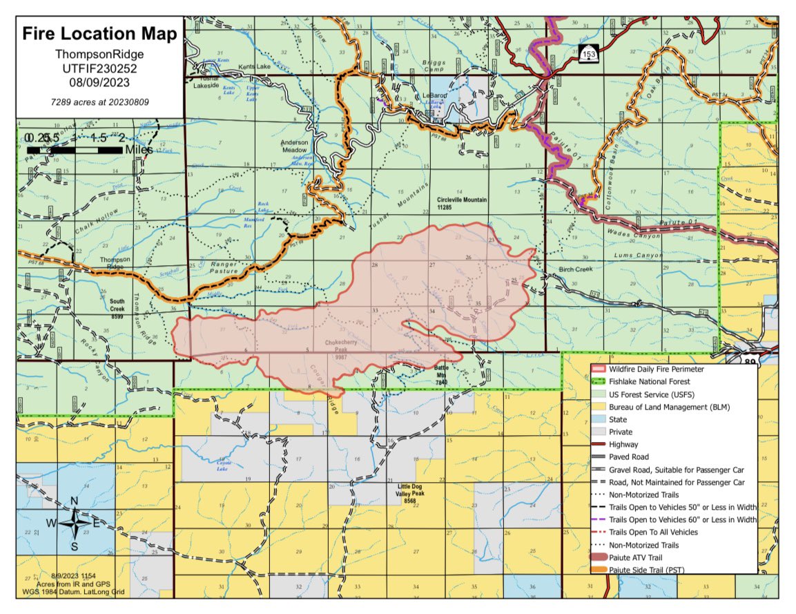 UtahWildfire's tweet photo. #ThompsonRidgeFire was just mapped at 7,289 acres after a significant run yesterday. 0% containment. The Central Utah Type 3 IMT took command of the fire at 0600 this morning. Today, firefighters are scouting for areas to construct fireline and start working towards containment. https://t.co/uVHL0Engvr