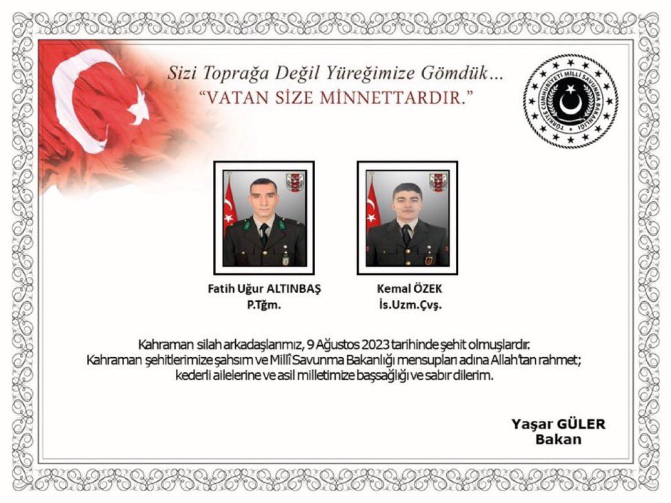 Pençe-Kilit operasyonu harekât bölgesinde terör örgütüyle çıkan çatışmada şehit olan Elazığlı hemşehrimiz Piyade Teğmen Fatih Uğur Altınbaş’a ve Kemal Özek’e Allah'tan rahmet, ailelerine ve yakınlarına sabırlar, yaralılarımıza acil şifalar diliyorum.
Mekanları cennet olsun.