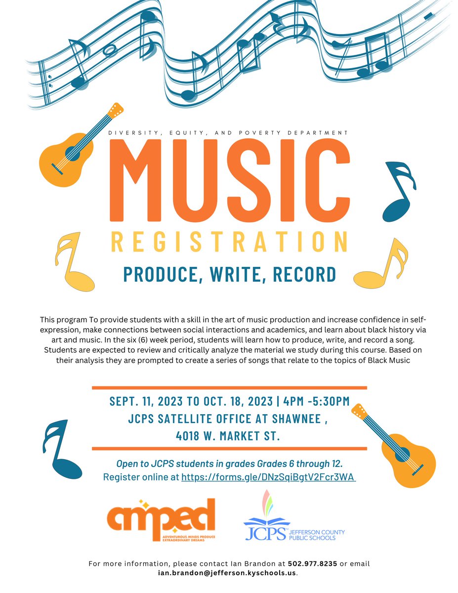 We are excited to announce an after-school program with @AMPEDLouisville starting on Sept. 11. This program is for JCPS students in grades 6 through 12. Students will learn how to produce, write, and record a music and more! Register online at forms.gle/DNzSqiBgtV2Fcr…