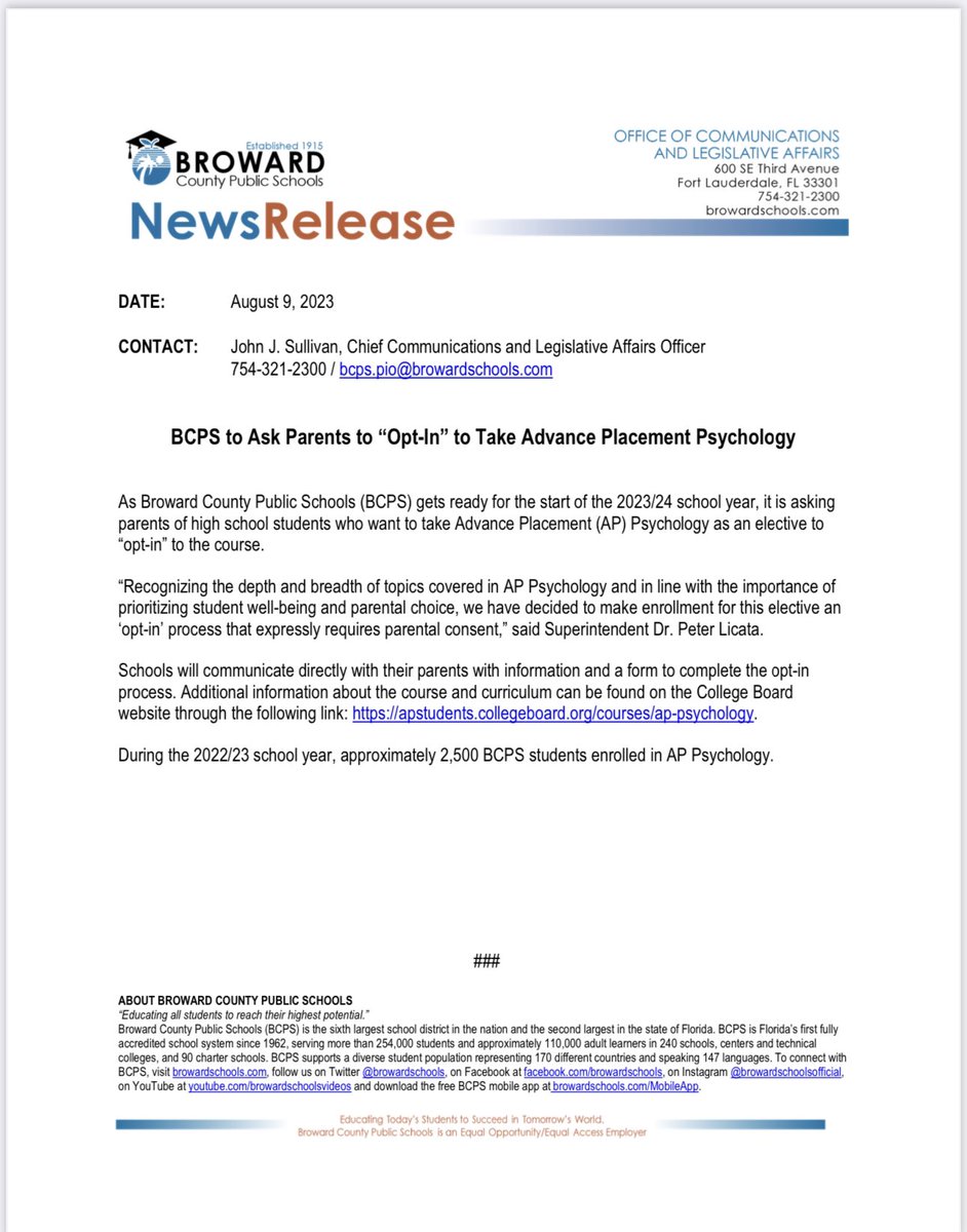 As @browardschools gets ready for the start of the 2023/24 school year, it is asking parents of high school students who want to take Advance Placement (AP) Psychology as an elective to “opt-in” to the course.