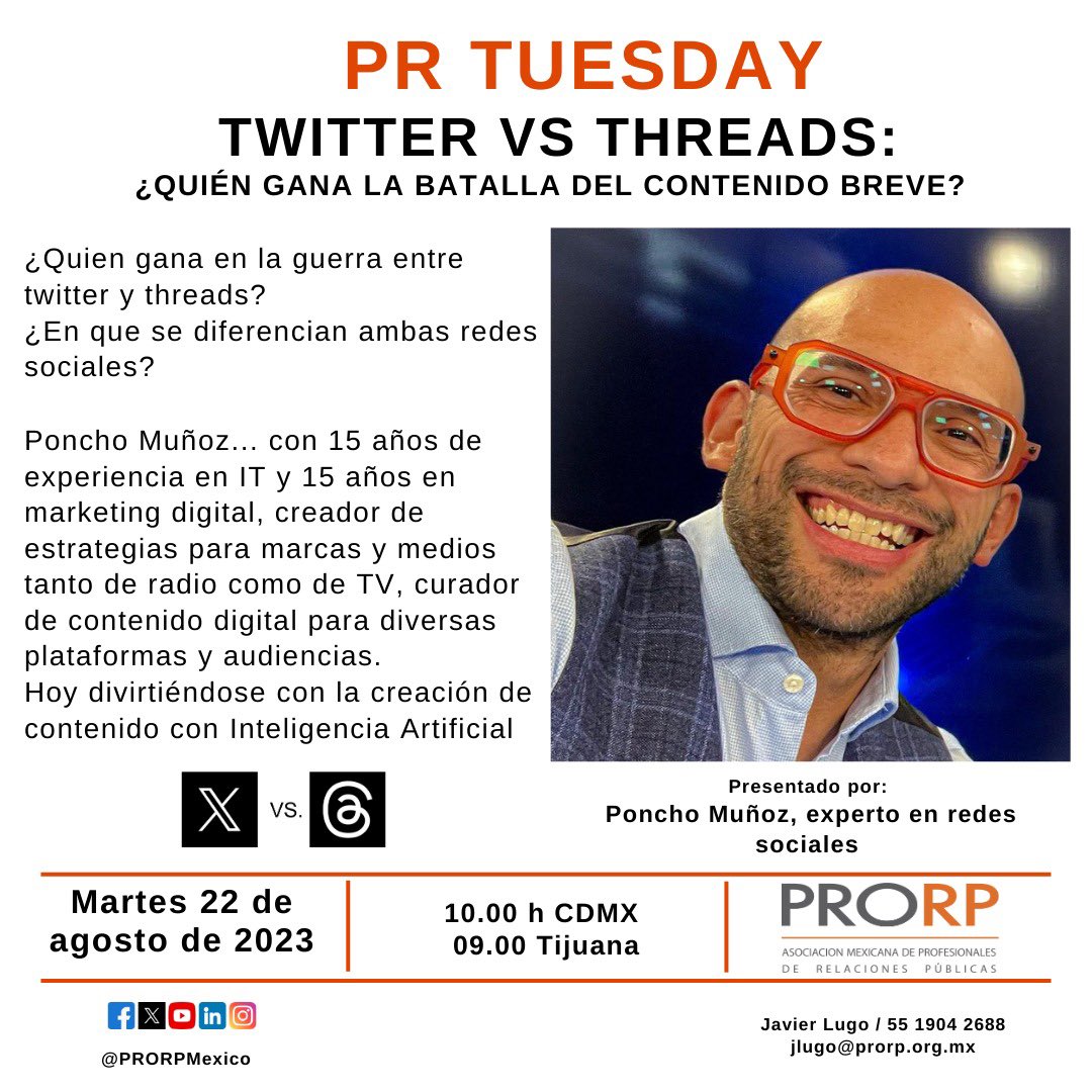 PRORPMexico's tweet photo. Nuestro próximo #PRTuesday está muy cerca, reserva tu lugar pronto, no te lo pierdas! @PonchoMunoz nos platicará sobre la batalla del contenido breve. https://t.co/XgbyEPPEij