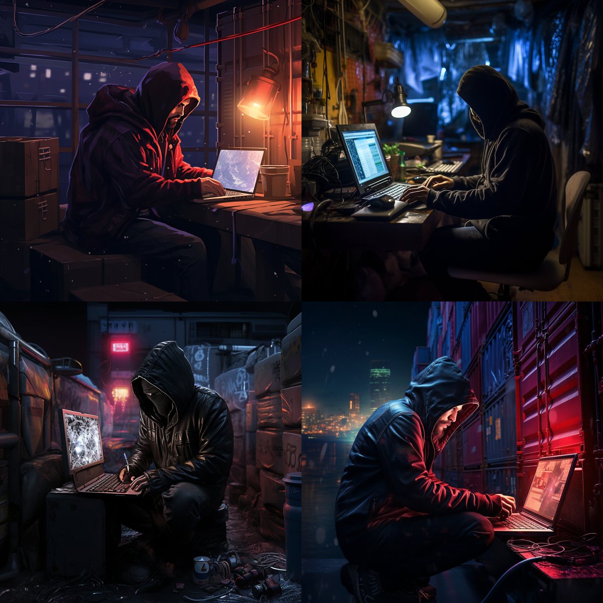 bendiken's tweet image. 🖼️ A hooded cypherpunk hard at work, coding on a laptop while sitting inside a dimly lit shipping container. #CPAF #Midjourney