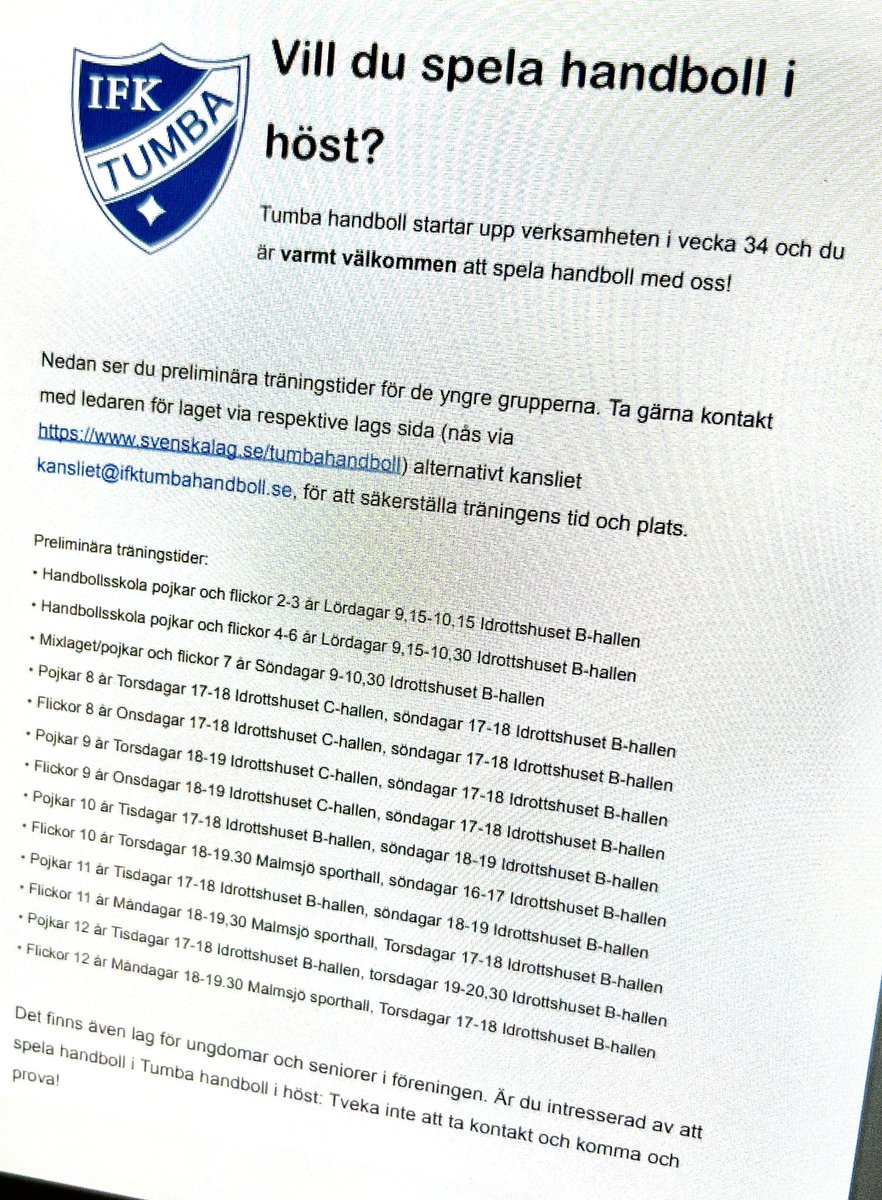 Är du intresserad av att spela handboll i höst? Snart är det säsongsstart för alla grupper i Tumba handboll #Botkyrka