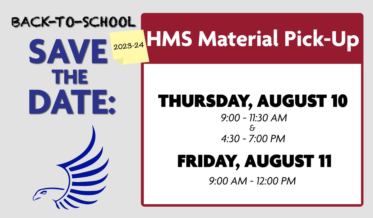 🎒BACK-TO-SCHOOL: Don't forget that material pick-up for ALL GRADES is starting tomorrow August 10 and 11!
