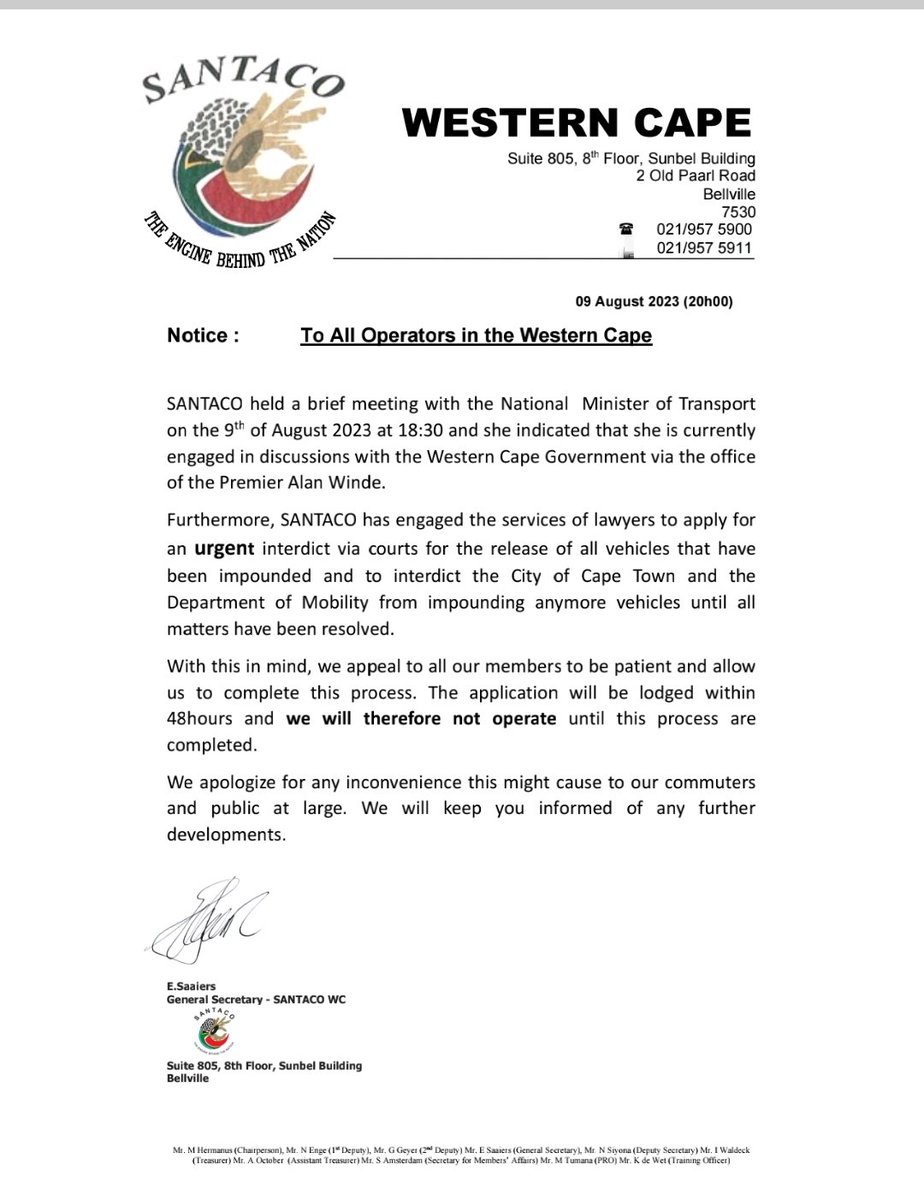 Nobesutu_Hejana's tweet image. #SANTACO will apply for an urgent interdict for the release of all impounded vehicles and interdict the City of Cape Town and the Mobility Department from impounding more vehicles .#TaxiStrike