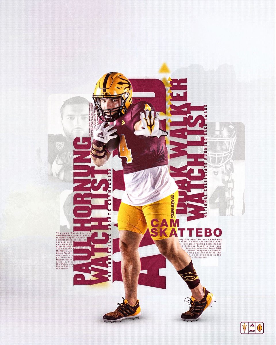 ASUFootball's tweet photo. Congratulations to @camskattebo5 for being named to the @hornungaward & @DoakWalkerAward Preseason watchlists! ๐ฑ๐
#ForksUp /// #O2V https://t.co/Rf0FmR3Mvx