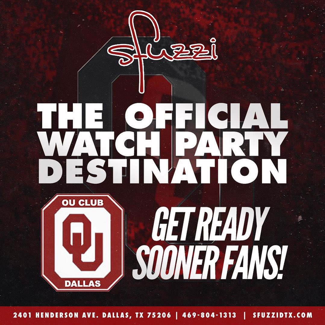 OUDallas's tweet image. PSA!! We are thrilled to announce our new partnership with Sfuzzi. The official watch party location for all OUCOD events! Please join us on AUGUST 24TH @ 5:00PM for a HH to celebrate the new location &amp;amp; all the watch parties to come! #BOOMER #OFFICIALWATCHPARTY #SFUZZI #OUCOD