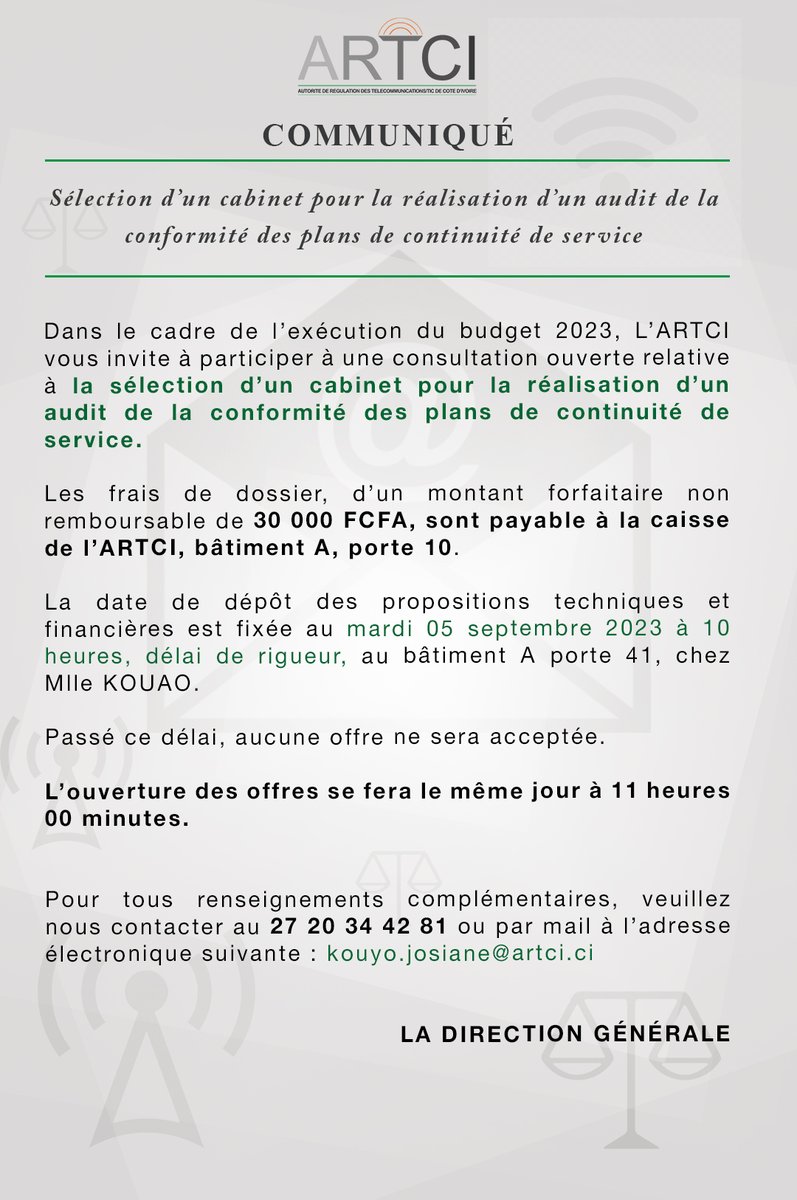 Avis d’appels d’offres de l’ARTCI