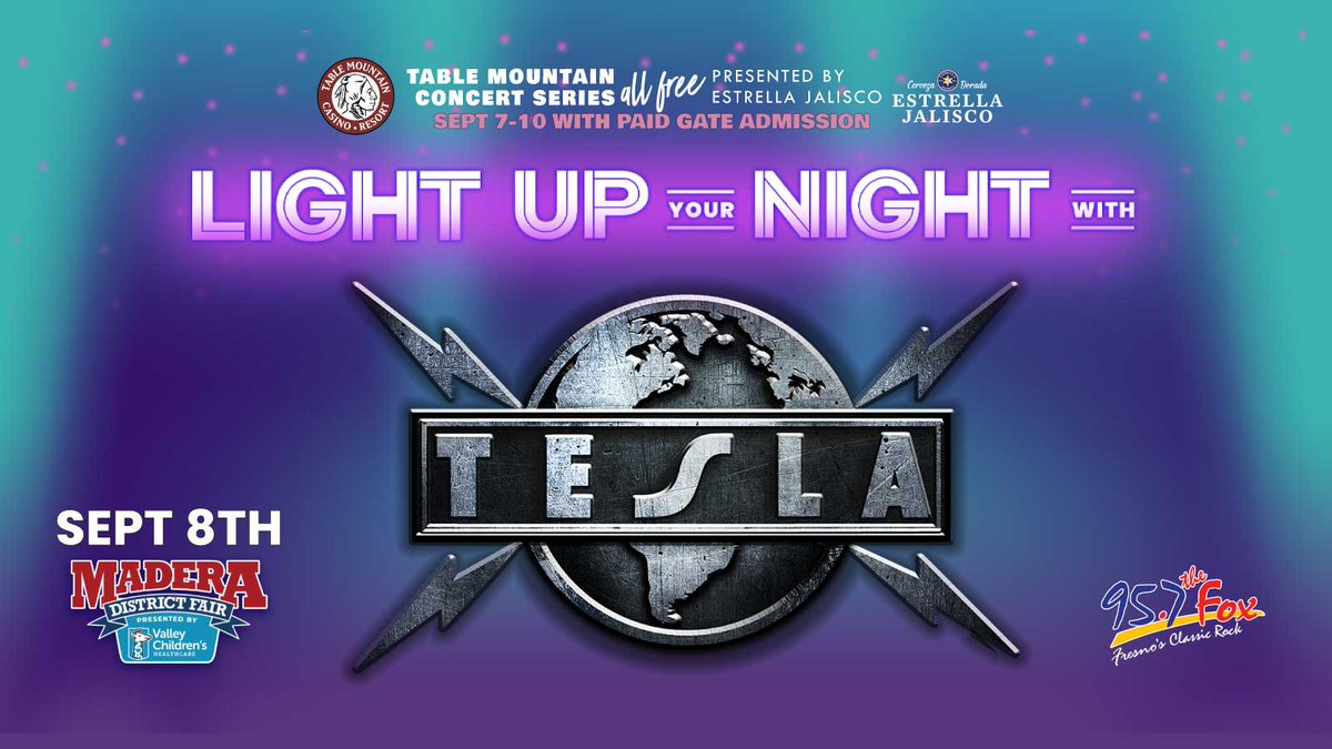maderafair's tweet photo. @TeslaBand rocks the Table Mountain Casino Resort Concert Series presented by Estrella Jalisco September 8th at the 2023 Madera Fair presented by Valley Children's Healthcare!
Admission to the Concert Series is FREE with your paid gate admission https://t.co/st5uIvuED4 https://t.co/9gaRNsThFF