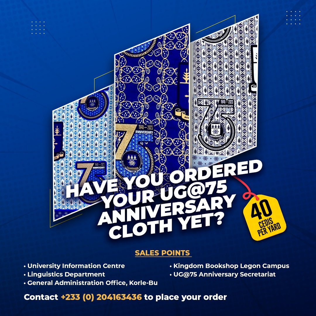 Spotted in UG@75 Anniversary cloth.

Mrs. Amma Afumwaa Appah
Office of Research, Innovation and Development.

Got yours yet?
Contact +233 (0) 204163436 to place your order.

#UGIS75
#IntegriProcedamus
