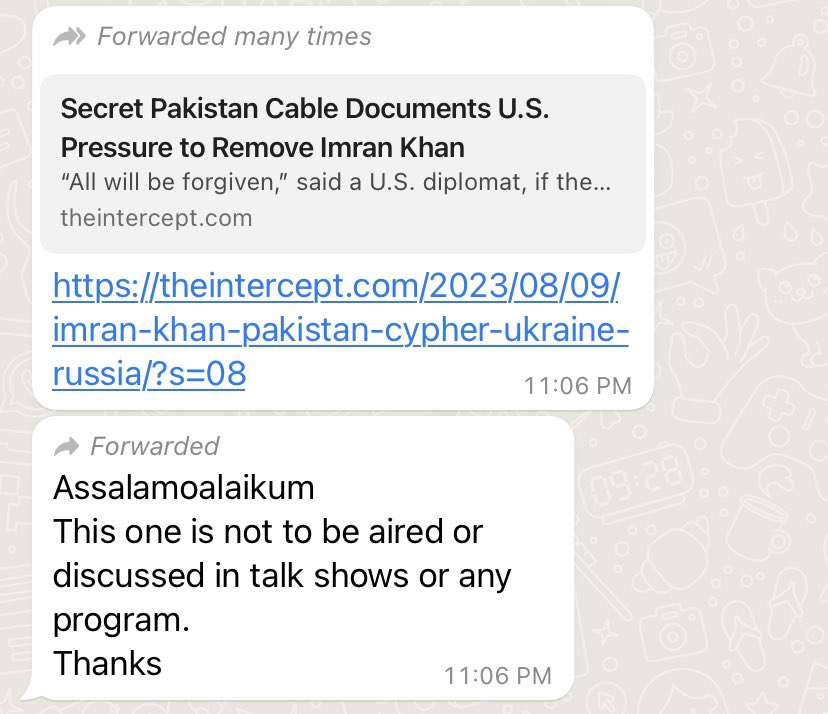 🚨🚨#EXCLUSIVE: Authorities banned coverage/reporting/mentioning of <a href="/theintercept/">The Intercept</a> story in Pakistani media. Message says “Assalamoalaikum 
This one is not to be aired or discussed in talk shows or any program.
Thanks”