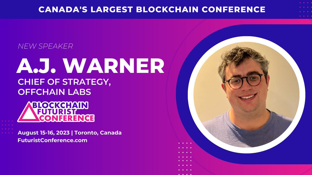 We're excited to be attending the Blockchain Futurist Conference next week in Toronto! Come by the booth and say hi on Aug 15-16.💙🧡

<a href="/ajwarner90/">A.J. Warner</a>, CSO at @OffchainLabs will be speaking at the event as well!

<a href="/Futurist_conf/">Blockchain Futurist Conference</a> <a href="/ETH_Toronto/">ETHToronto</a> #CanadaCryptoWeek #Futurist23