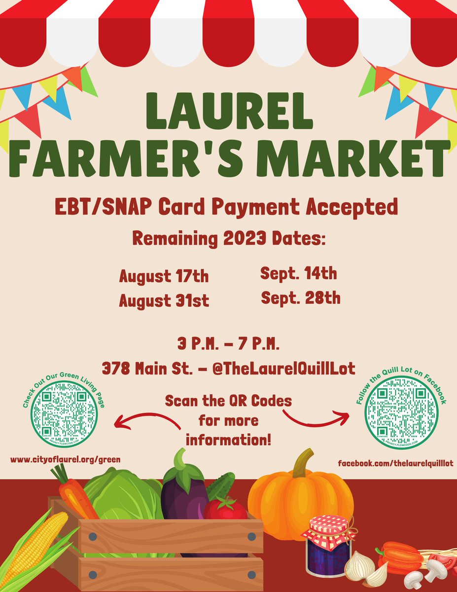 lrlmarketonmain's tweet image. OPEN TODAY, August 17th, from 3-7pm at 378 Main Street, the Farmer&apos;s Market at the Laurel Quill Lot will have a variety of vendors for you to choose from, so join us! We also accept SNAP/EBT! See you soon! #ShopSmallShopLocal