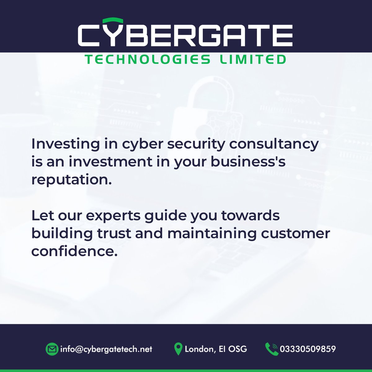 cybergate_tech's tweet photo. Investing in cyber security consultancy is an investment in your business's reputation. Let our experts guide you towards building trust and maintaining customer confidence.

#CyberSecurity
#ProtectYourBusiness
#MaintainConfiidence
#SME
#IT https://t.co/L8BC8wxKvW
