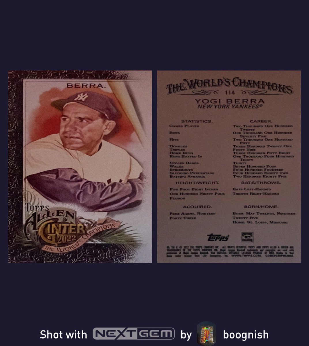 Boognish_Rising's tweet photo. YOGI BERRA 2022 ALLEN &amp; GINTER CIGAR BOX BLACK BORDER                      @BoognishBoyz  and my upload of the day 
@NextGemApp is a free iPhone app &amp; website for you to showcase your cards.   
https://t.co/20kIrYPNg0  #Topps #tradingcards  #sportscards  #thehobby    #nextgemapp https://t.co/w7WZv4nutW
