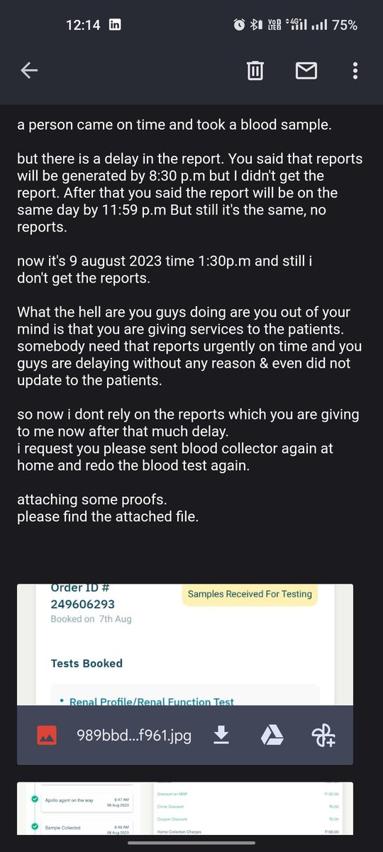 akshay_cyril's tweet photo. Hello @Apollo24x7
My blood sample was taken on 8-8-23 at 9a.m.
Your app is showing that the reports come around 8:30 but no &amp;  after that app is showing that the reports come on the same day but no.
I haven't even received my reports yet.
It's just a money pulling business Fuck u https://t.co/GHBnPSLqSn