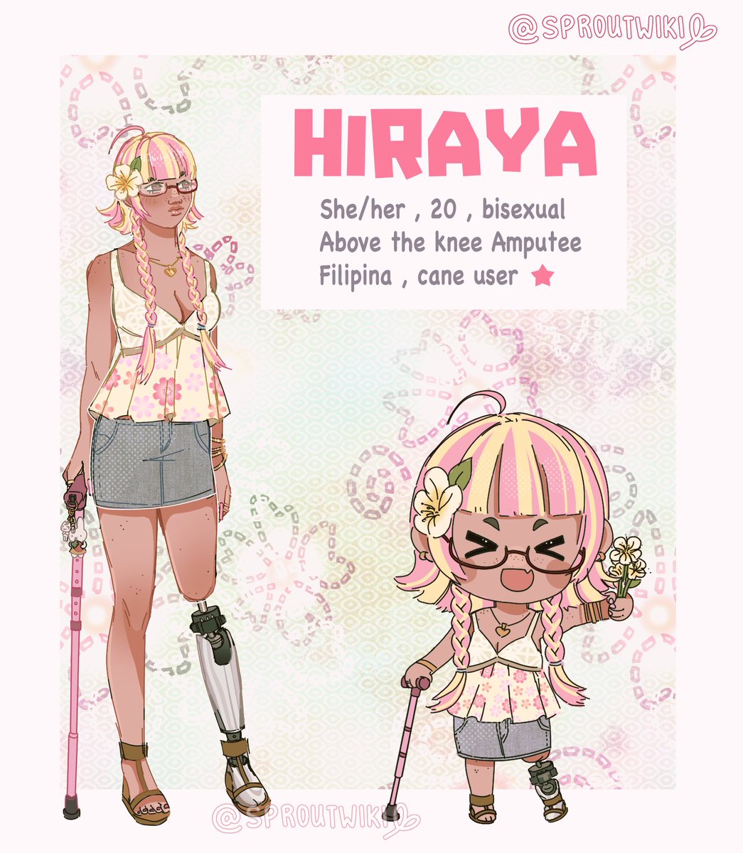 🌺⭐️🦿#disabledartist 
Hiraya! She loves interior design (the sims) and bouquet design 💐 

Her type of prosthesis is a Osseointegration limb relacement, in which it’s a metal implant directly attached to her bone. 🩷🌸