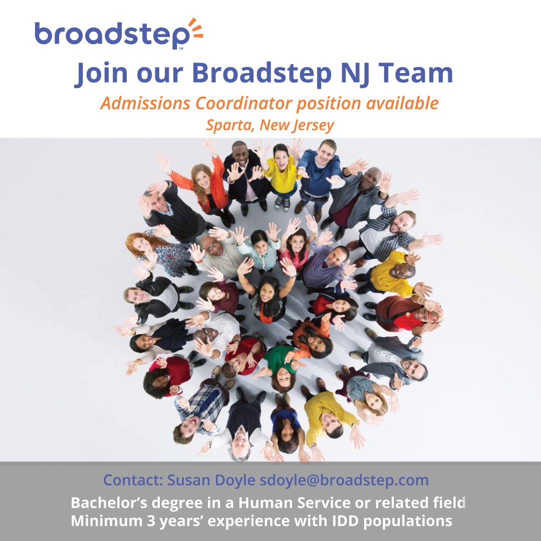 Broadstep1's tweet photo. Join our @Broadstep1 New Jersey team for an excellent career opportunity! Admissions Coordinator position available. Apply here: https://t.co/HVwwJGNMAx
*Bachelor’s degree in a Human Service or related field 
*Minimum 3 years’ experience with IDD populations
#broadstepnewjersey https://t.co/43QzwOKvIp