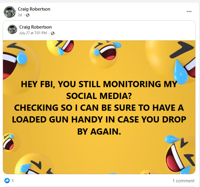 Craig Robertson, from Provo, UT, was killed today by the FBI during a raid after he made threats against Biden. Here are some of his recent Facebook posts -- all just in the last two days. abcnews.go.com/Politics/man-k…