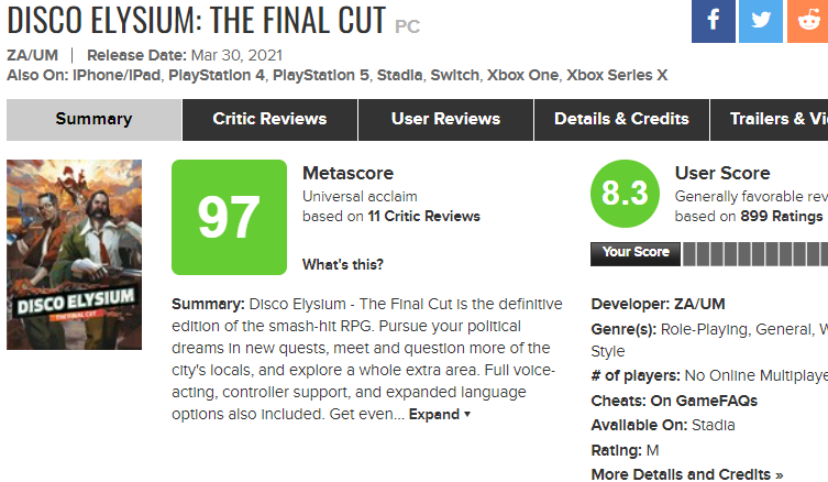 Disco Elysium - Metacritic