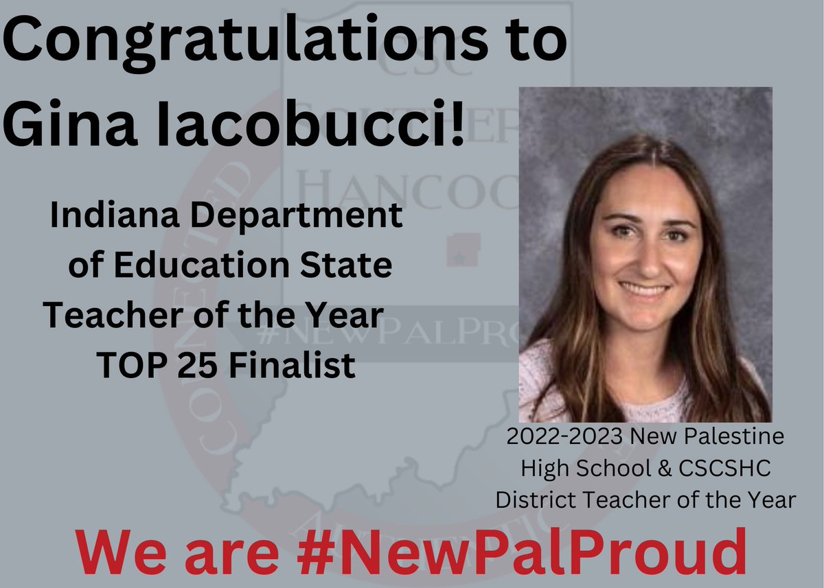 @SouthernHancock is #newpalproud of New Palestine High School's Gina Iacobucci. <a href="/EducateIN/">Indiana Department of Education (IDOE)</a> has named <a href="/IacobucciNPHS/">Gina Iacobucci</a> a Top 25 Finalist for Indiana State Teacher of the Year. She is a model of achieving her personal best in pursuit of excellence. Congratulations!