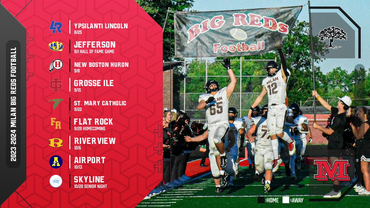 MilanBigRedsAD's tweet photo. Milan Big Reds football returns! A rivalry has been renewed! Milan travels to Ypsilanti Lincoln Week 1. Here's the 2023 football schedule. #OnOhMilan @MilanBRFootball 
https://t.co/xTxLRdibr7 https://t.co/Psjo7Iue7P