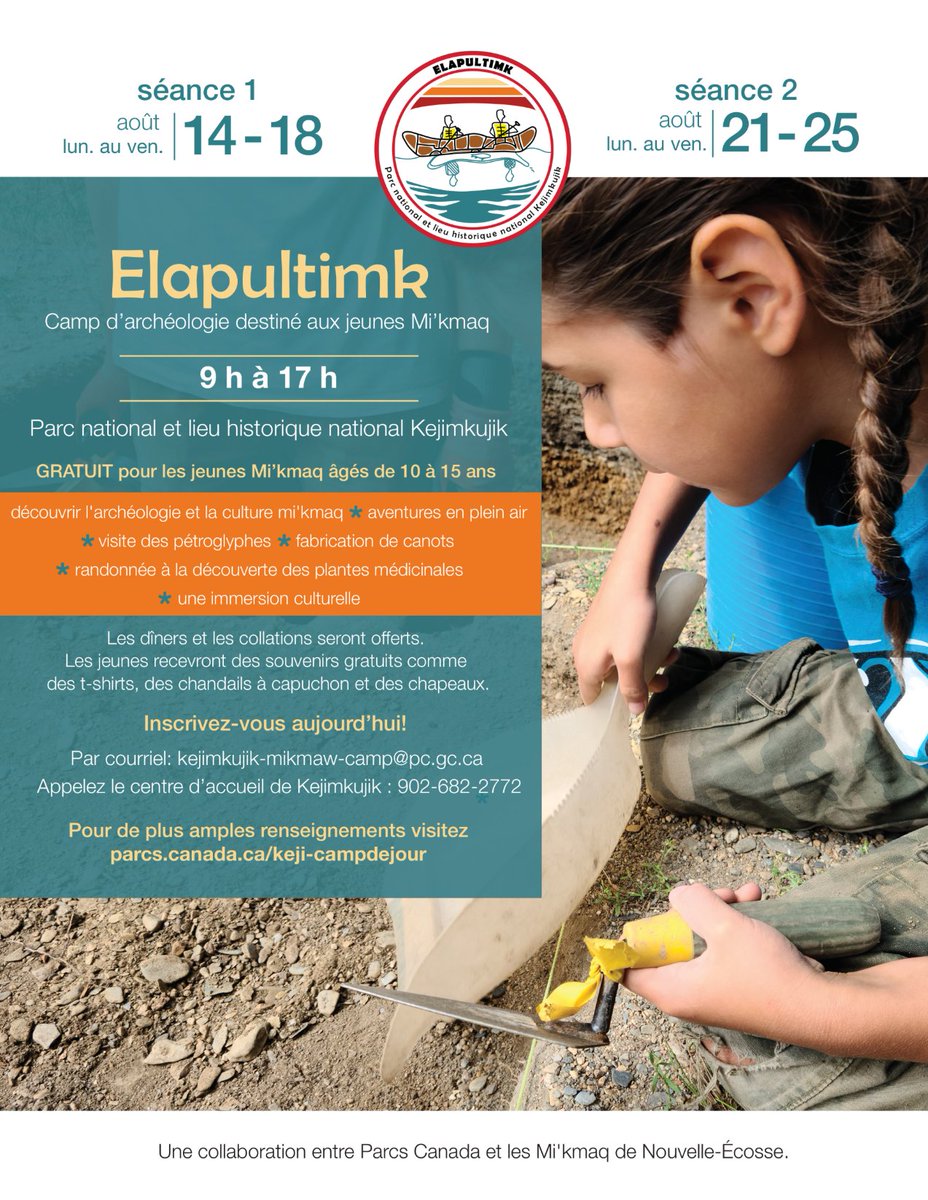 Il est maintenant possible de s’inscrire à Elapultimk! 🙌 Ce camp de jour axé sur l’archéologie est GRATUIT. Les jeunes mi'kmaq âgés de 10 à 15 ans participeront à une vraie fouille archéologique  et se familiariseront avec la culture mi'kmaq. 🏞️ 
➡️ ow.ly/1xHQ50Pw7nW