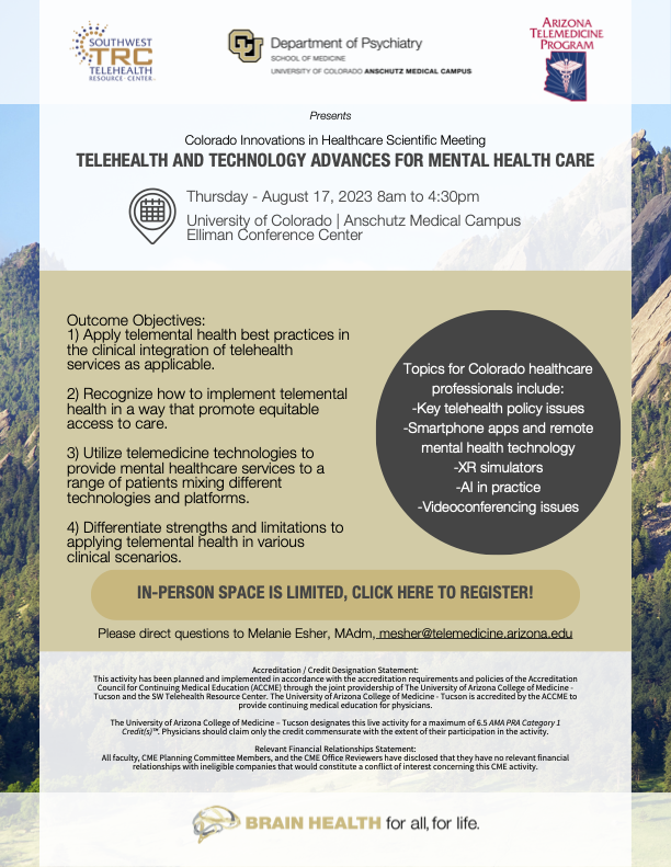 SWTRC1's tweet photo. 🚀 Calling all Colorado healthcare pros! Join us on August 17th at University of Colorado-Anschutz for Colorado Innovations in Healthcare Scientific Meeting: Telehealth and Technology Advances for Mental Health Care!
https://t.co/A9Z70rR7Fv 
#Colorado #Telehealth #MentalHealth https://t.co/QJP5RCvH2y
