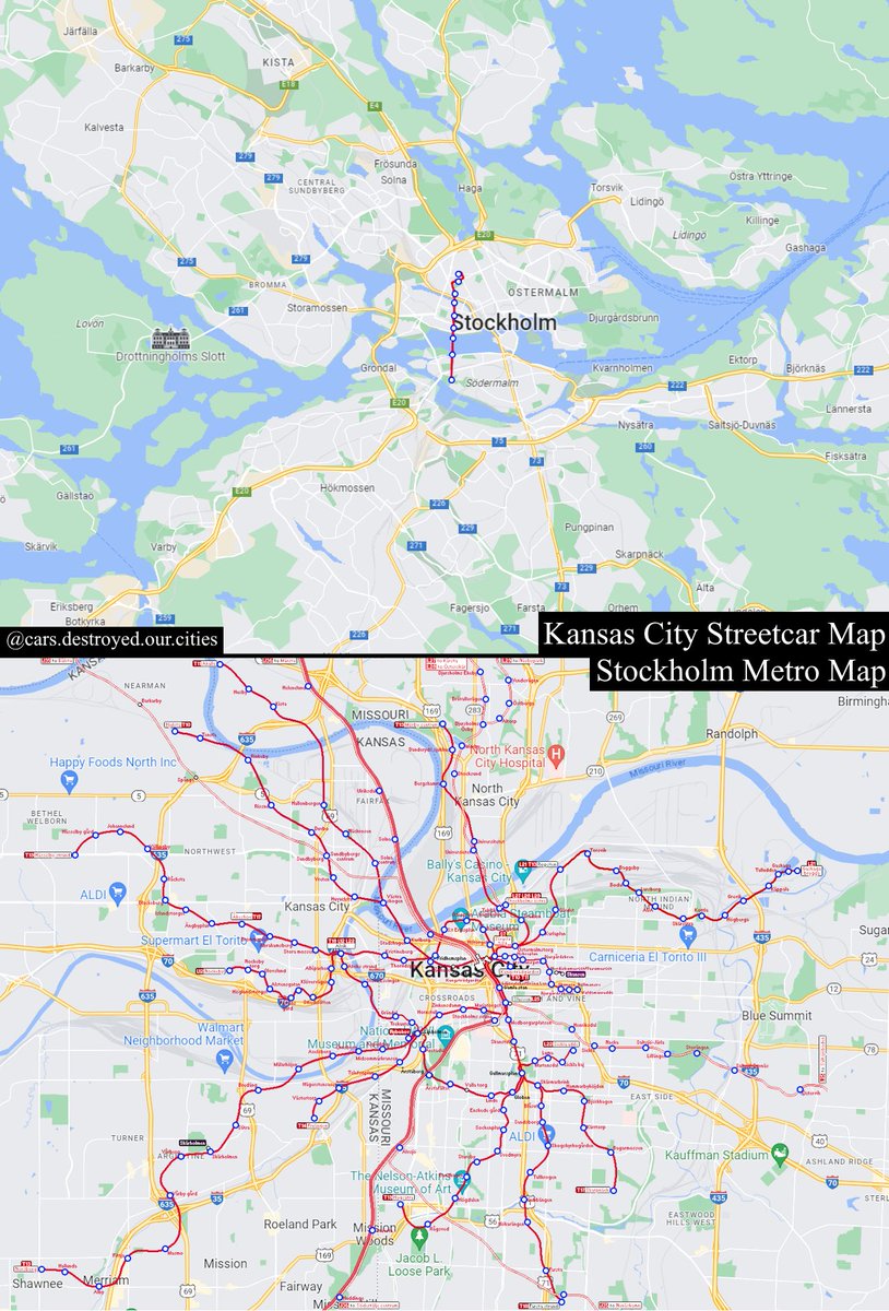 If Stockholm and Kansas City swapped public rail networks, to scale. 

Both cities have metro populations around 2.5 million.

Idea Credit: <a href="/pushtheneedle/">push the needle</a>