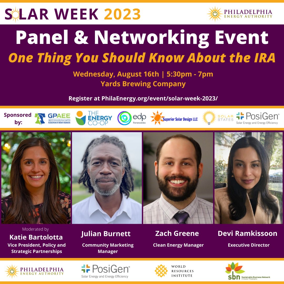 Check out our panel & networking event at @yardsbrew w/ @posigensolar, @sbnphila, & @WorldResources. Plus, meet our sponsors @PosigenSolar, @SolarStates, Superior Solar Design, @EdpRenewables, @GPAEE, & @TheEnergy_CoOp! Register here: eventbrite.com/e/one-thing-yo… #SolarWeekPHL 🌞