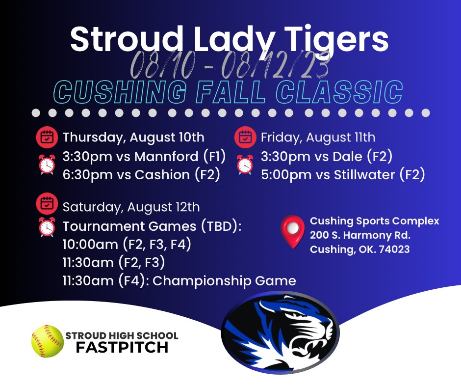 Cushing Fall Classic kicks off tomorrow, and is also the 1st day of school of my Junior year! Let’s goooo Lady Tigers! 💙🤍🐯🥎