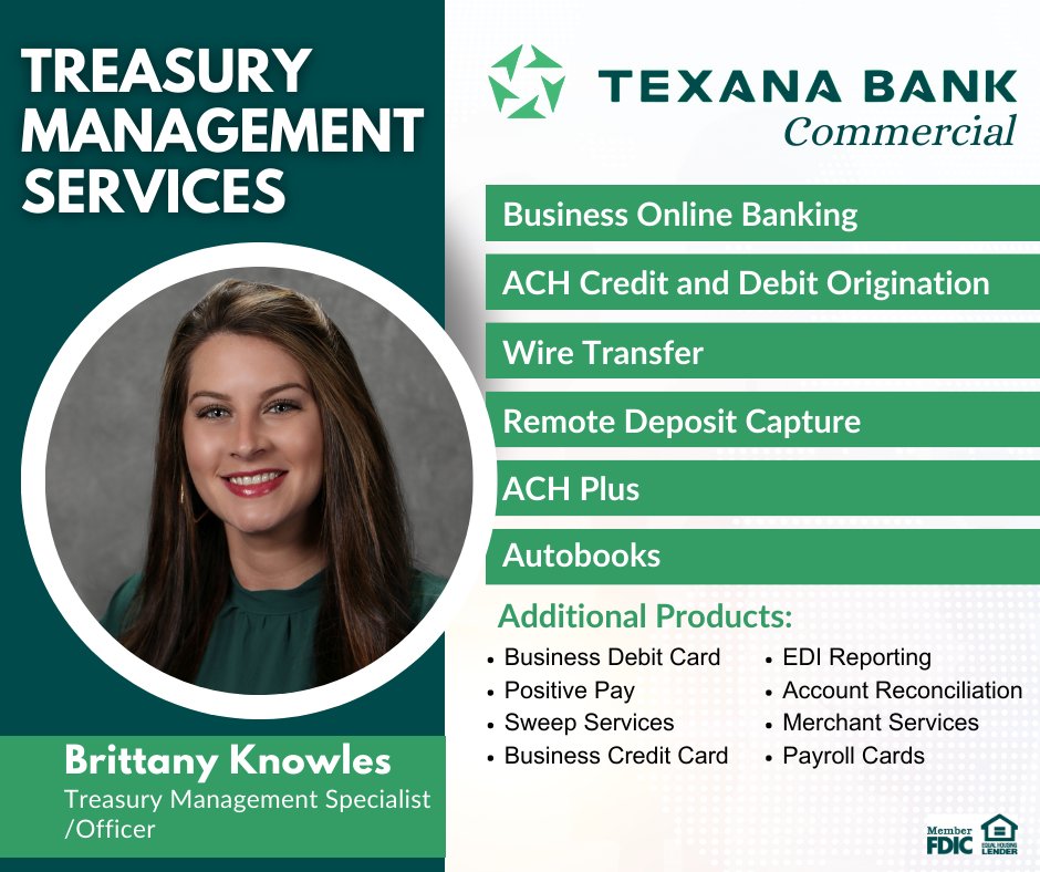 texanabank's tweet photo. We would like to introduce you to Brittany Knowles, our Treasury Management Specialist &amp; Officer at #Texana Bank. Brittany is dedicated to working alongside #business owners to ensure our #Treasury products meet and exceed our client's needs. https://t.co/aX5oQuBAuo https://t.co/wzts5vZRSG