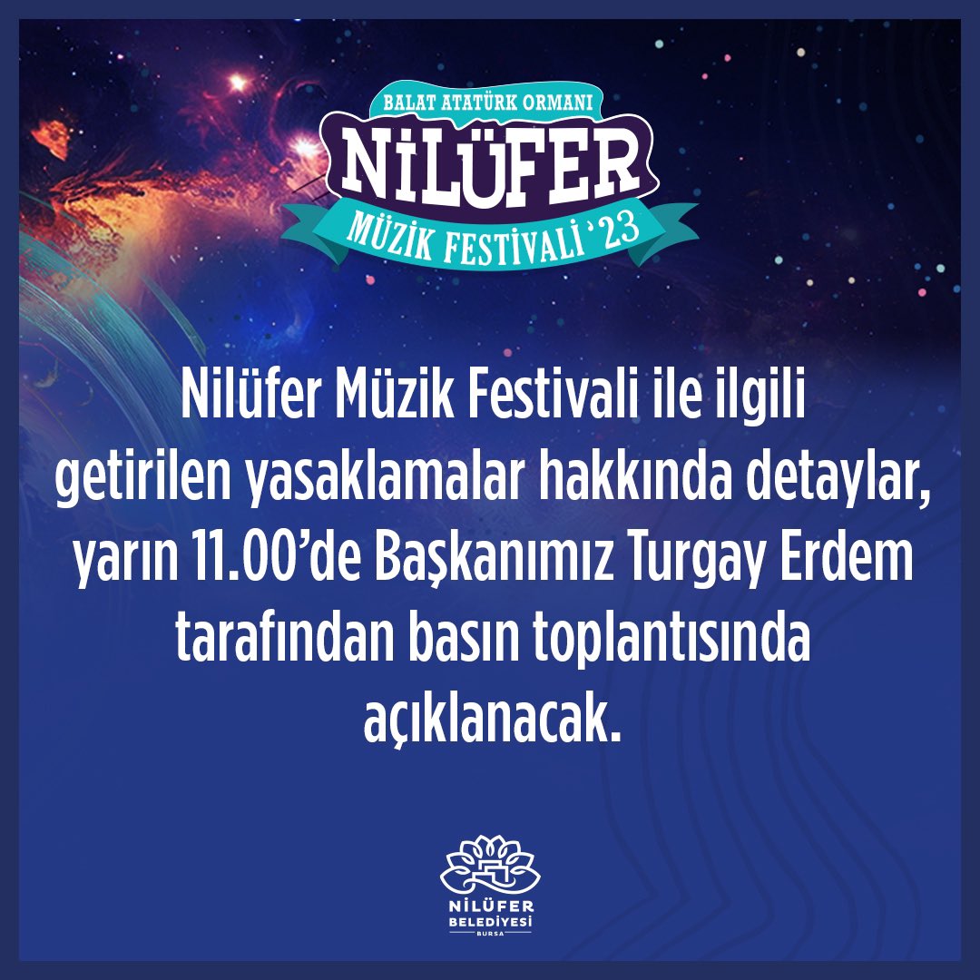 Her sene olduğu gibi Eylül ayının ilk haftasonunda binlerce vatandaşımızın katıldığı Nilüfer Müzik Festivali ile ilgili hazırlıklarımız devam ederken bir takım yasaklamalarla karşılaştık. 
Konu ile ilgili detaylı basın açıklamamız yarın saat 11:00'de kamuoyu ile paylaşılacaktır.