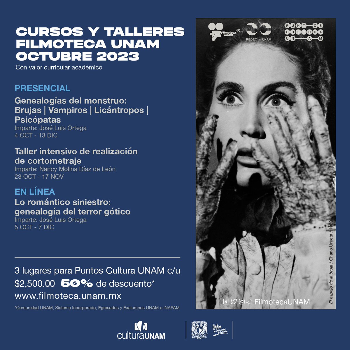FilmotecaCursos's tweet photo. Aprende más sobre cine con los próximos cursos y talleres presenciales y en línea de la @FilmotecaUNAM, ¡inician en septiembre!

Costo: $2,500 c/u
Hay descuentos y lugares para #PuntosCulturaUNAM.
+ info: https://t.co/qbvr5avI5I https://t.co/XG04uNs6P1