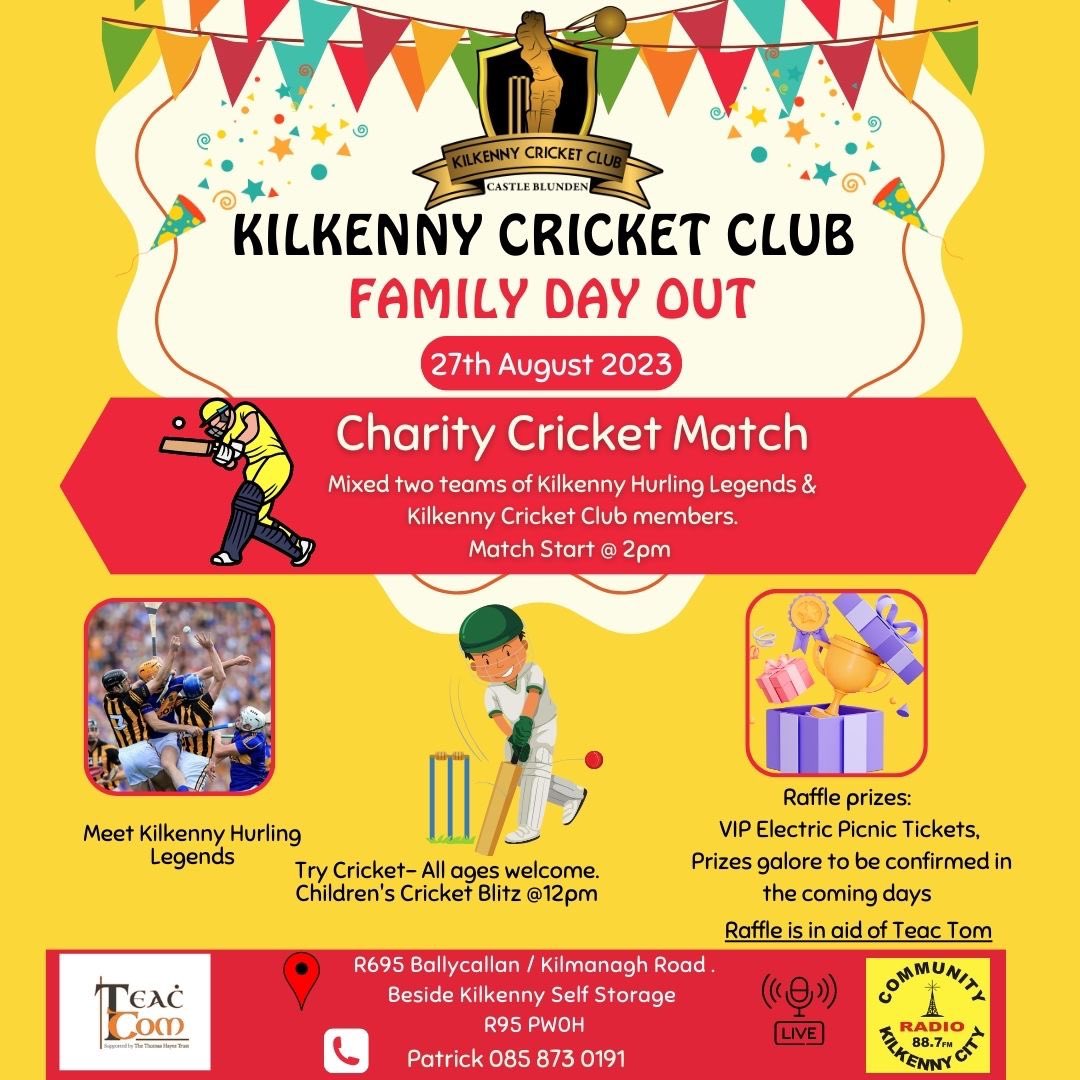 Kilkenny Cricket Club (@cricketkilkenny) on Twitter photo π£ Join us for Kilkenny Cricket Club's Family Fun Day on Aug 27th! π#familyfunday
#HurlingLegends #RafflePrizes <a href="/KilkennySport/">Kilkenny Recreation & Sport Partnership</a> @KilkennyChamber <a href="/kilkennygaanews/">Kilkenny GAA News</a> <a href="/cricket_ireland/">Ireland_Cricket</a> <a href="/cricketleinster/">Cricket Leinster</a> #kilkenny #charity #familyevent <a href="/LoveKilkenny/">Visit Kilkenny</a> <a href="/crkcsport/">CRKC Sport π»</a> <a href="/CRKC1/">CRKC 88.7FM</a> π£ Join us for Kilkenny Cricket Club's Family Fun Day on Aug 27th! π#familyfunday
#HurlingLegends #RafflePrizes <a href="/KilkennySport/">Kilkenny Recreation & Sport Partnership</a> @KilkennyChamber <a href="/kilkennygaanews/">Kilkenny GAA News</a> <a href="/cricket_ireland/">Ireland_Cricket</a> <a href="/cricketleinster/">Cricket Leinster</a> #kilkenny #charity #familyevent <a href="/LoveKilkenny/">Visit Kilkenny</a> <a href="/crkcsport/">CRKC Sport π»</a> <a href="/CRKC1/">CRKC 88.7FM</a>