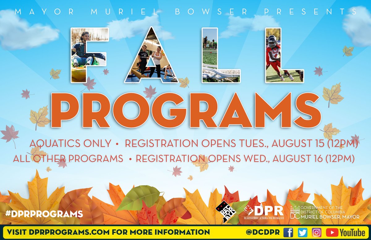⏰set your alarm clock or a reminder: <a href="/DCDPR/">DC Parks & Recreation #WhereFunHappens</a>
fall program registration begins next Tuesday and Wednesday at noon! 
🍂 Make sure you can access your account, browse fall programs, and see if you qualify for a reduced rate ahead of registration time:  dpr.dc.gov/page/about-pro…