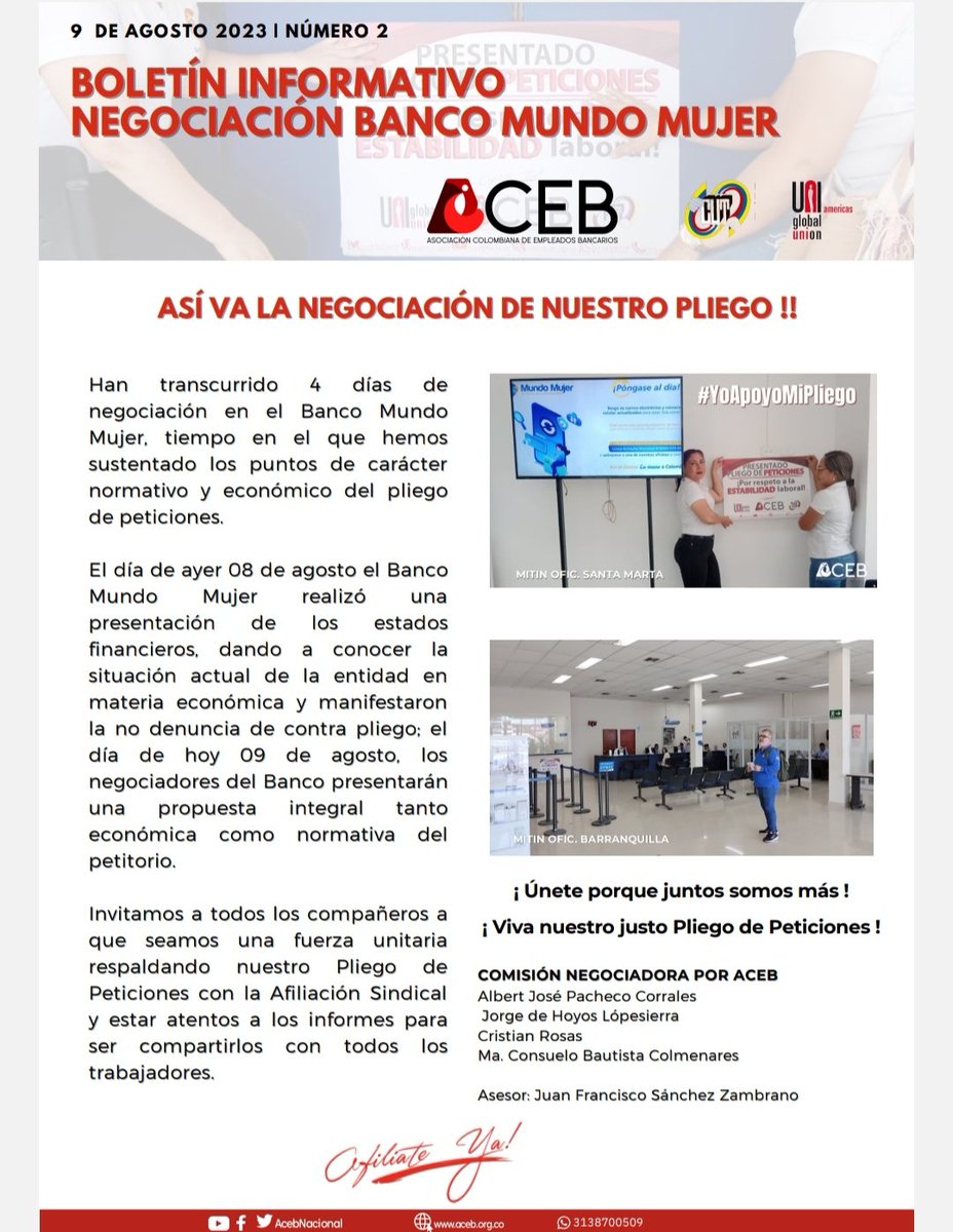 Boletín Informativo No.2 Negociación Banco Mundo Mujer   | 
#YoApoyoMiPliego 

¡ Tú respaldo te hace y nos hace más fuertes! ¡Afíliate! ACEB 📲  313 8700509