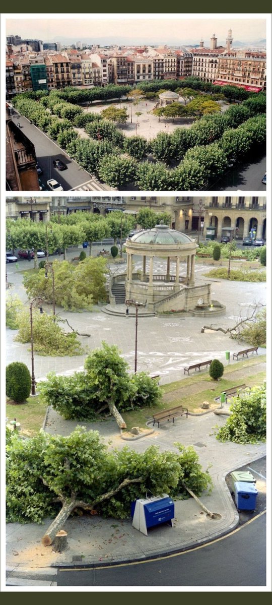 Lo hizo Barcina hace 21 años en plaza del Castillo, y lo va a volver a hacer la actual alcaldesa  <a href="/crisibarrola_/">Cristina Ibarrola</a> en la plaza de la Cruz. Talar árboles para meter coches es la fórmula de UPN contra el #CambioClimático 
#IruñeakEzDuHauMerezi
#NoParkingEz 
#PamplonaNoSeMereceEsto