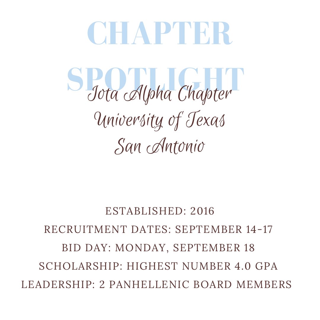 DallasADPi's tweet image. As TX chapters prepare for Fall Recruitment, we are shining a spotlight on 9 chapters participating in Fall Recruitment. Our last chapter to spotlight is Iota Alpha chapter at UT San Antonio who has Formal Recruitment September 14-17. #WLFEOWednesday #AlphaDeltaPI  #GoADPi